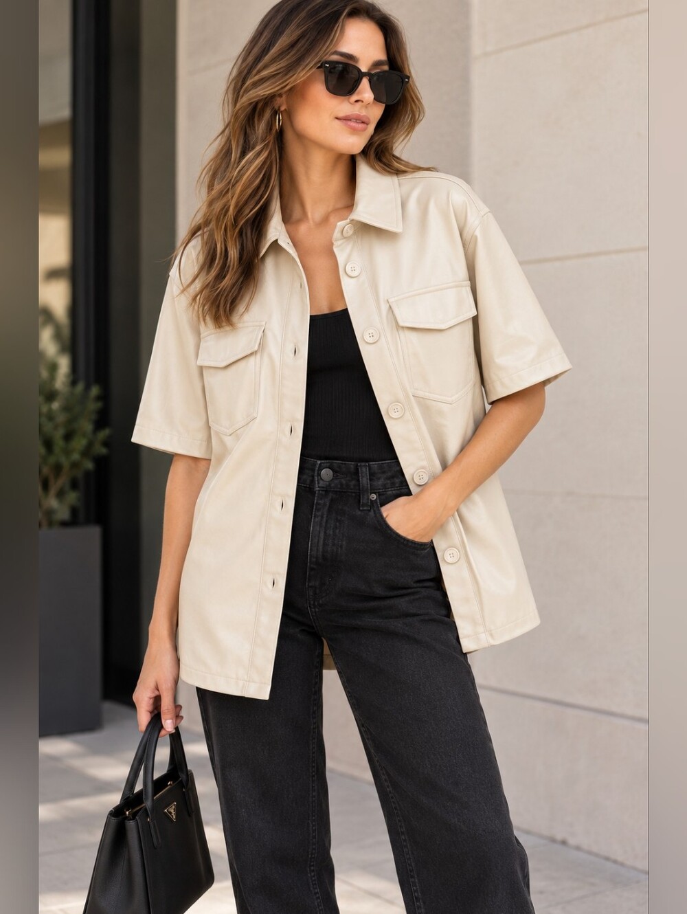7 For All Mankind Cream Faux Leather Shacket M NWT